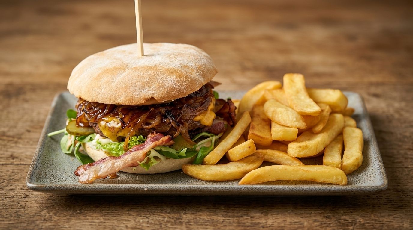 Bacon Cheese and Onion Burger mit Pommes
