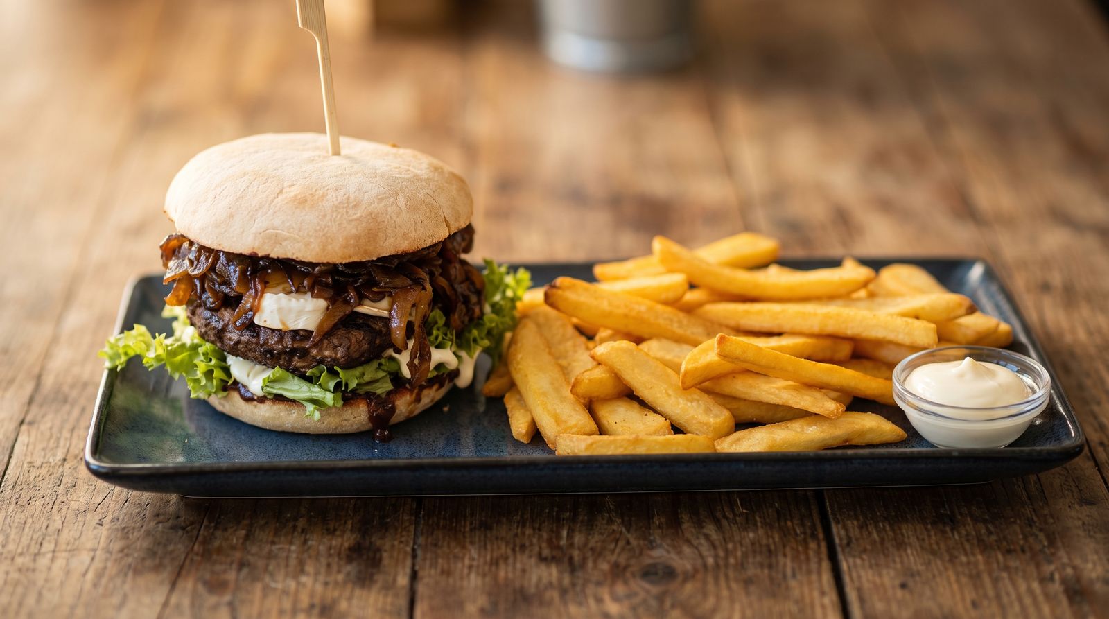 Burger mit Röstzwiebeln, Salat und Steakhouse Pommes auf einer Schieferplatte