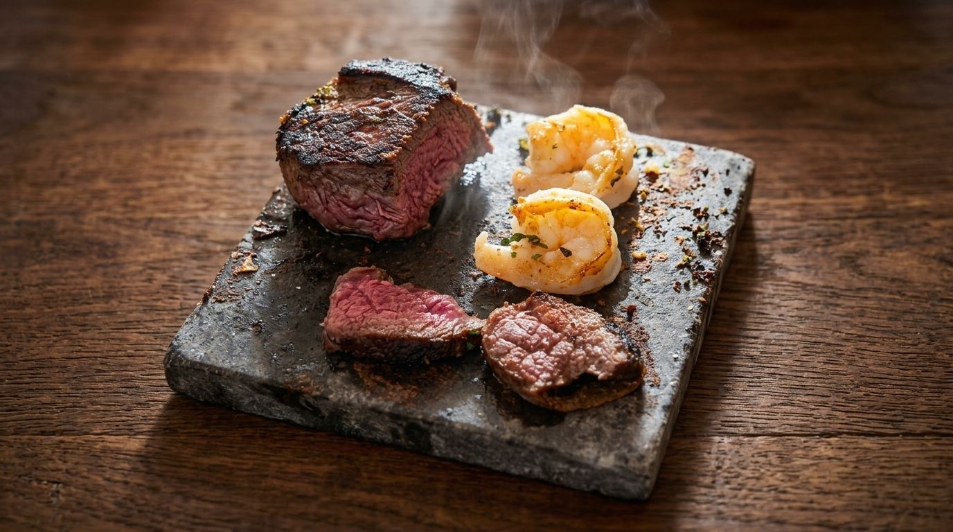 Rinderfilet auf heißem Stein mit Garnelen