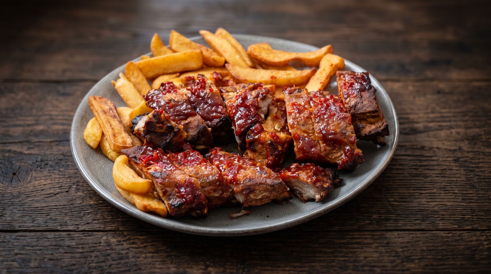 Nahaufnahme glasierter Spare Ribs mit Pommes